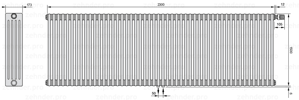 Схема (чертеж) Радиатор Zehnder Charleston 5150/50 №V008 Белый глянцевый RAL 9016